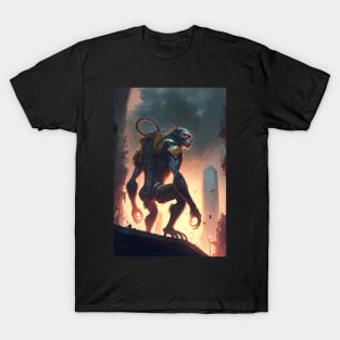 Giant futuristic robot cyborg Monkey attacking the city T-Shirt